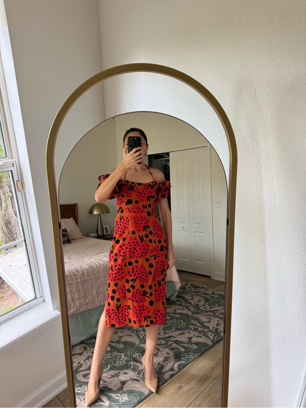 Farm Rio Strawberry Print Off Shoulder Midi Dress Size S Linen Blend